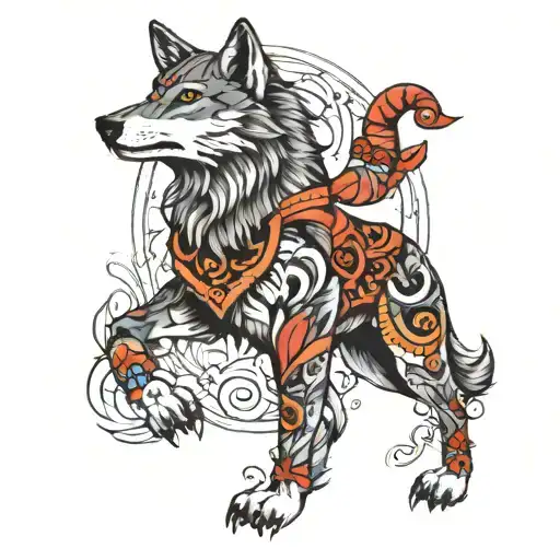 A tattoo featuring a combination of Turkish and Spanish national symbols with a wolf representing strength and intelligence and a bull symbolizing courage and resilience. tattoo design idea