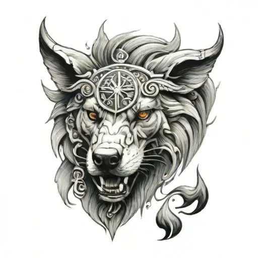A tattoo featuring a combination of Turkish and Spanish national symbols with a wolf representing strength and intelligence and a bull symbolizing courage and resilience. tattoo design idea