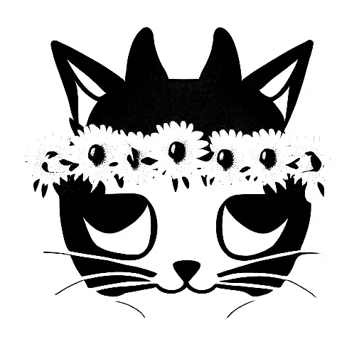 tuxedo cats head wearing daisy chain crown  tattoo design idea