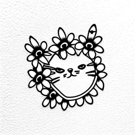 cat with daisy chain crown  tattoo design idea