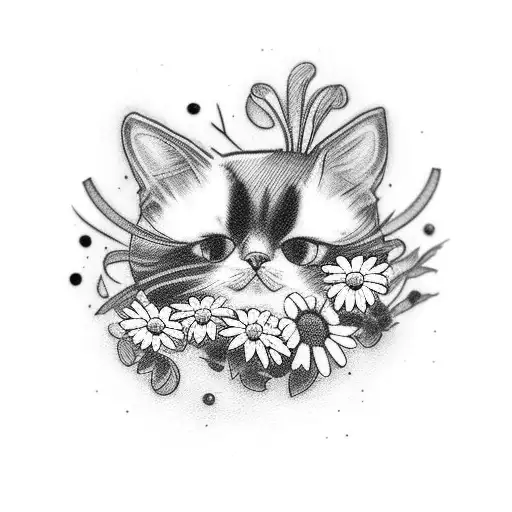 tuxedo cats head wearing a little daisy chain crown  tattoo design idea