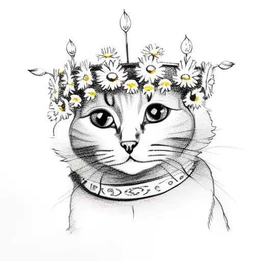 cat with daisy chain crown  tattoo design idea