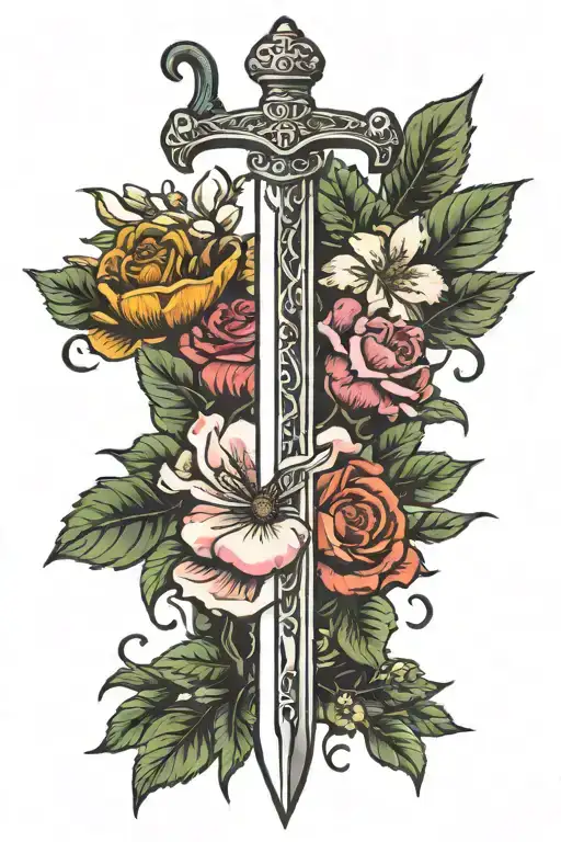 sword with flowers blooming and German symbol  tattoo design idea