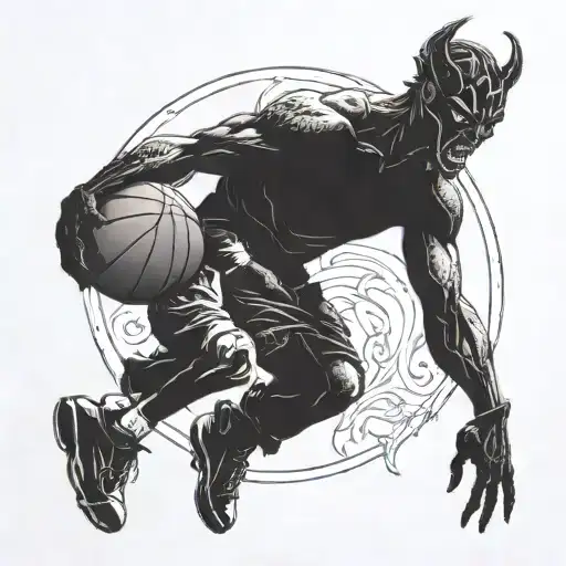 a devil handing a child a basketball player dunking tattoo design idea
