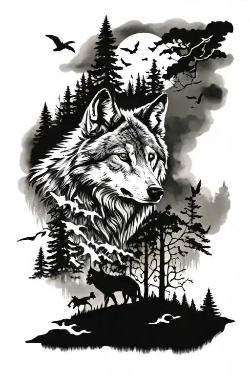 Wolf Blue eyes in a Forest with Foggy and Birds flying above tattoo design idea