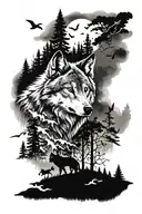 Wolf Blue eyes in a Forest with Foggy and Birds flying above tattoo design idea