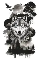 Wolf Blue eyes in a Forest with Foggy and Birds flying above tattoo design idea