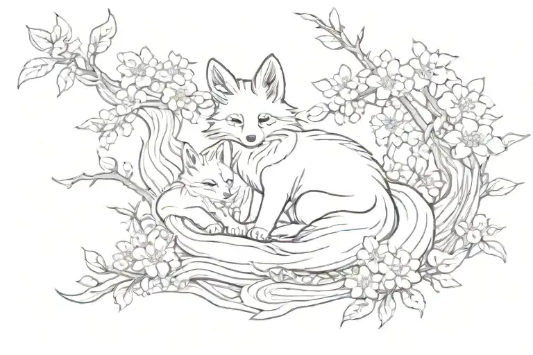 Kitsune zen garden sakura flowers tattoo design idea