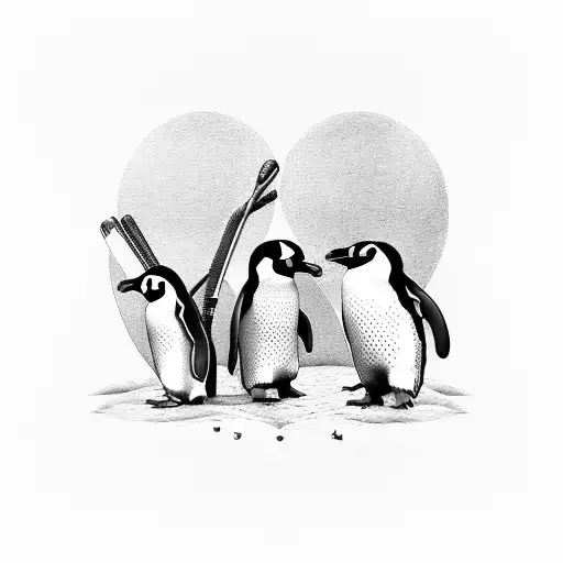 3 penguins playing baseball with baseball gloves and baseball bats tattoo design idea