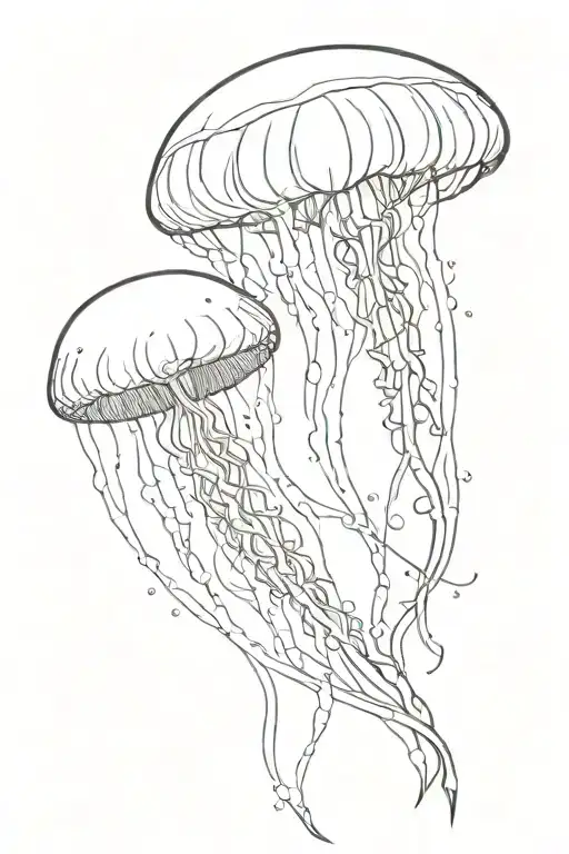  jellyfish and starfish, in thin lines, a minimalist design, they must be intertwined together tattoo design idea