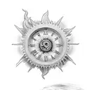 Rose, clock, roman numeral, sun ray, banner, gears tattoo design idea