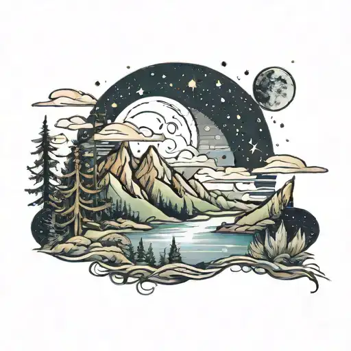 A mountain landscape with a starry night sky and weed smoke creating a dreamy atmosphere tattoo design idea