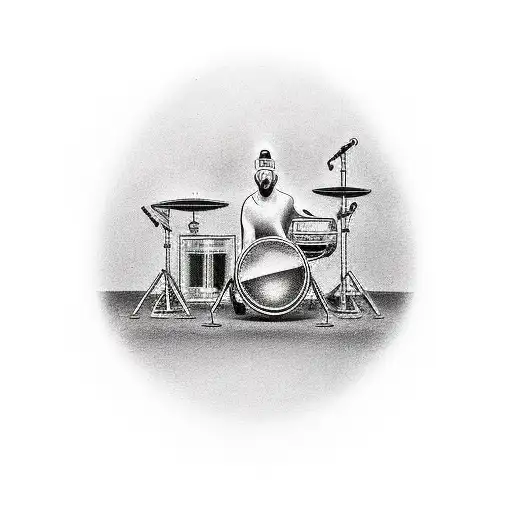 A tattoo of a concert crowd with the silhouette of a drum set on stage tattoo design idea