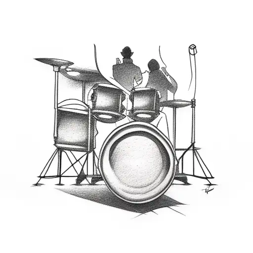 A tattoo of a concert crowd with the silhouette of a drum set on stage tattoo design idea