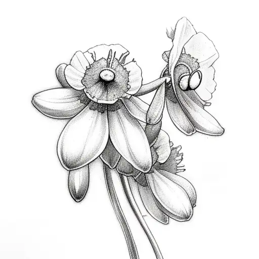 snowdrop, violet, hawthorn, larkspur, poppy and daisy tattoo design idea