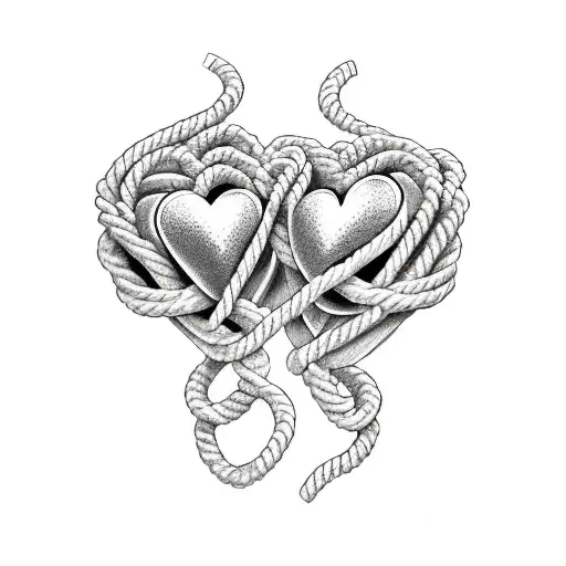 two realistic hearts tied together with rope tattoo design idea