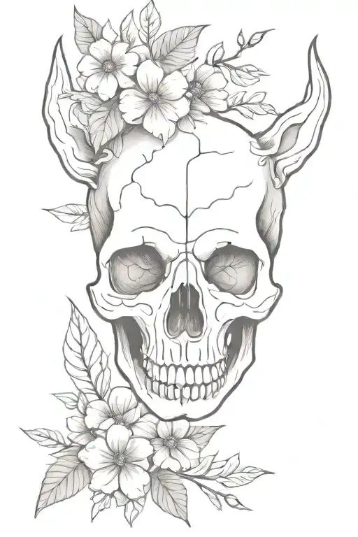 canine skull next to flowers and leaves tattoo design idea
