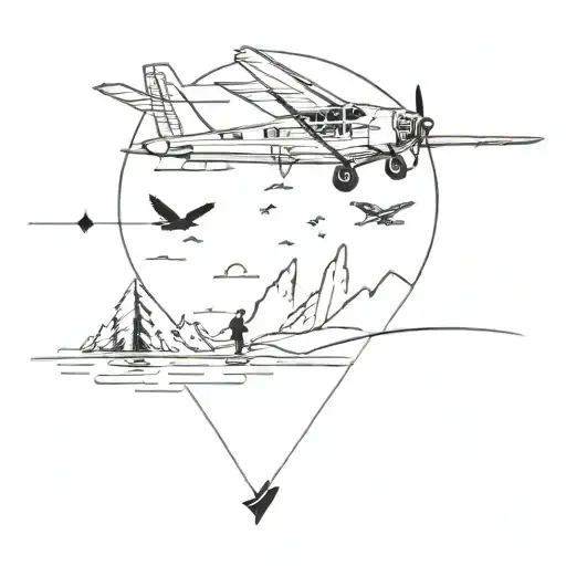 hunting and fishing scene with airplane flying tattoo design idea