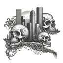 A Houston skyline with skulls incorporated into the buildings tattoo design idea