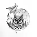 Owl, Mapple leaf, bat, ferns, mountains, moon, sun tattoo design idea