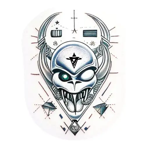 An alien face with predator-like markings surrounded by masonic symbols tattoo design idea