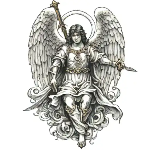 angel with sword and cross above the angel tattoo design idea
