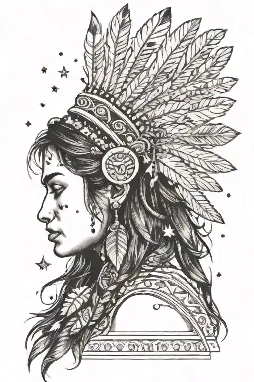 Red indian girl side profile looking at a bear with 5 feathers swirling and 5 stars above  tattoo design idea