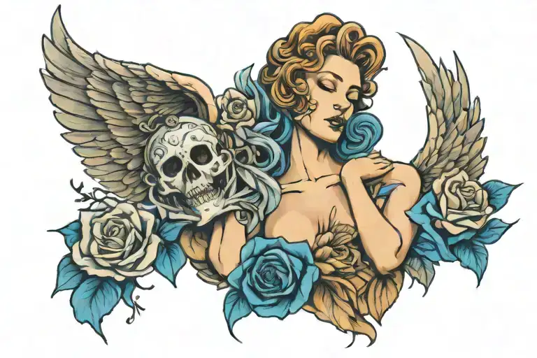 falling angel with a theatre crying mask and blue roses around it tattoo design idea
