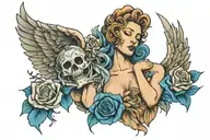 falling angel with a theatre crying mask and blue roses around it tattoo design idea