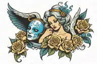 falling angel with a theatre crying mask and blue roses around it tattoo design idea