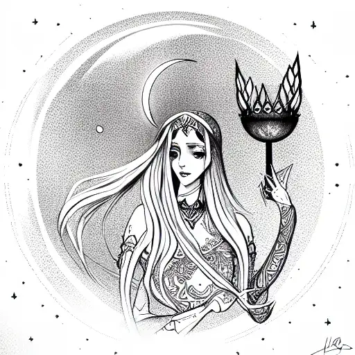 Virgo maiden with moon tattoo design idea