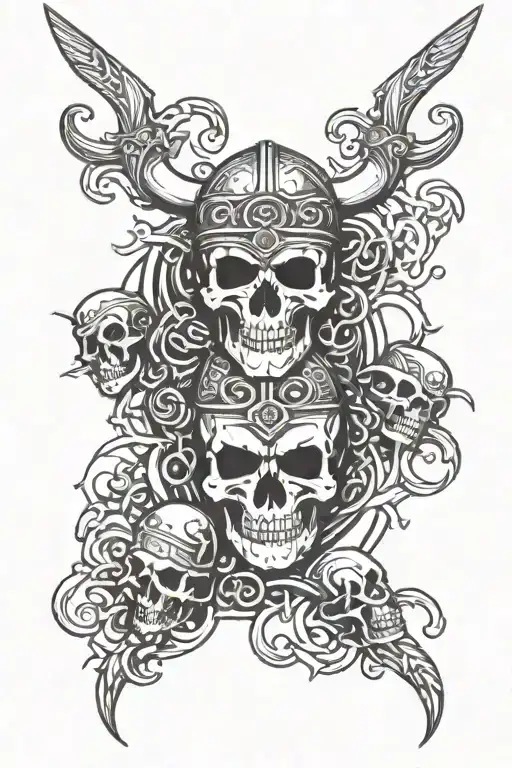 Viking themed pattern with skulls sorrounded, with a blank space in the center tattoo design idea