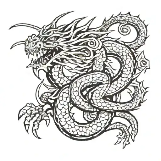 Shenron dragon with aztec elements going through LA symbol tattoo design idea