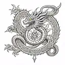 Shenron dragon with aztec elements going through LA symbol tattoo design idea
