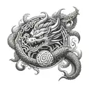 A black-grey tattoo of a dragon ball surrounded by Mexican cultural symbols tattoo design idea