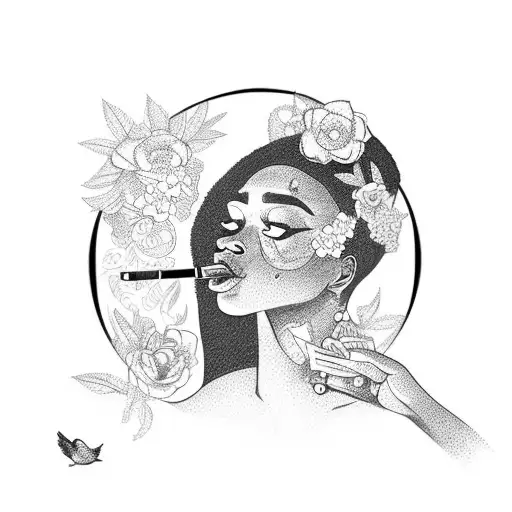 A mesmerizing sketch-style tattoo of a black woman smoking a pipe, surrounded by vibrant flowers and birds in flight tattoo design idea