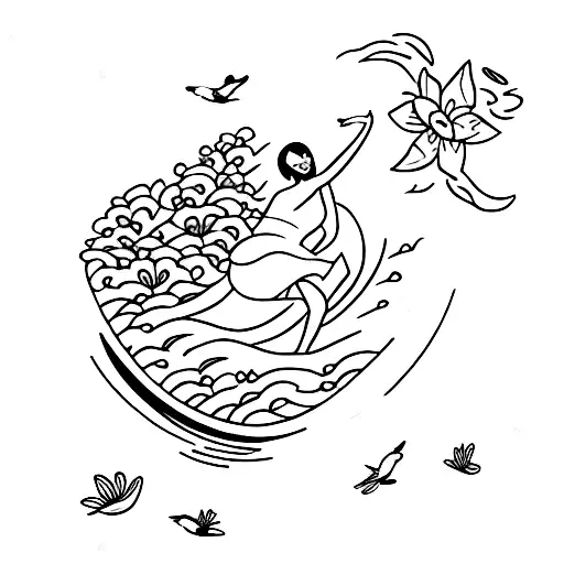 A serene garden scene with a black woman gracefully surfing on a wave made of flowers, while birds fly above tattoo design idea