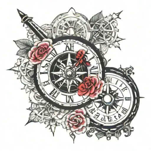 compass and time clock tattoo design idea