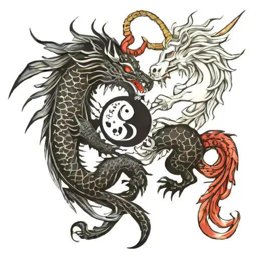 black dragon and white unicorn yin yang  tattoo design idea