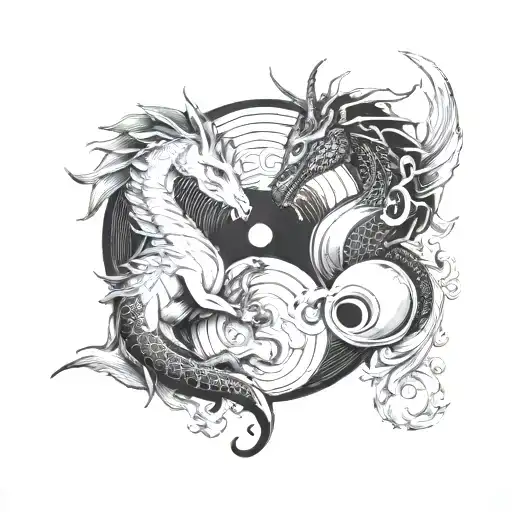 black dragon and white unicorn yin yang  tattoo design idea