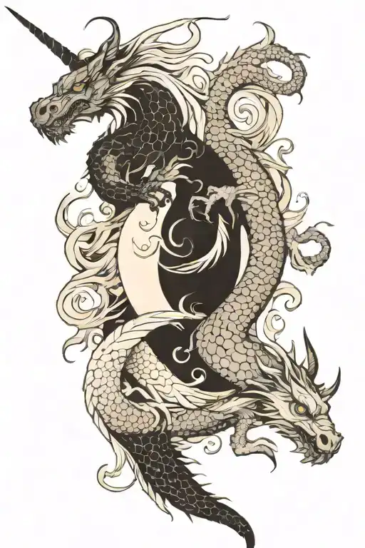 black dragon and white unicorn yin yang  tattoo design idea