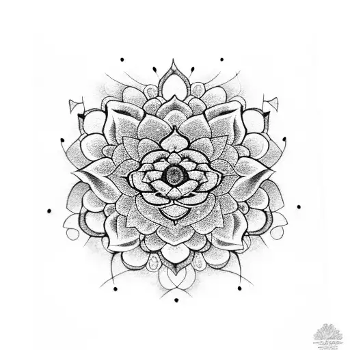 a dotwork drawing of buddah with lotus flower and mandala tattoo design idea