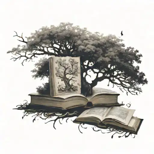 tree of life growing from books with  fairy reading book  tattoo design idea