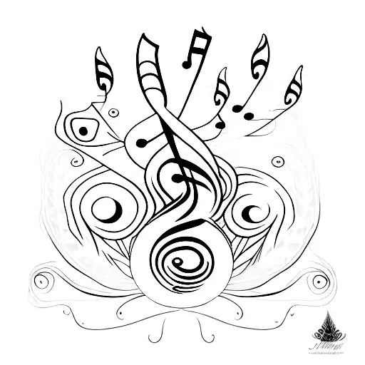 Musical notes intertwining with peacock feathers tattoo design idea