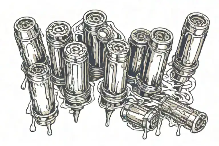 8 bullets of different caliber standing in a row with 2 of the bullets spent and one of the spent casings dripping blood tattoo design idea