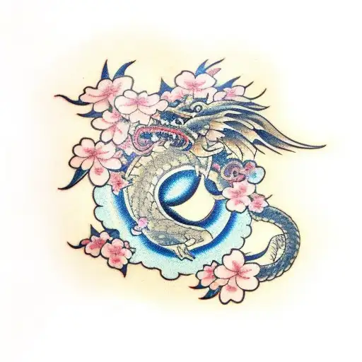 Japanese war fan adorned with cherry blossoms and dragons tattoo design idea