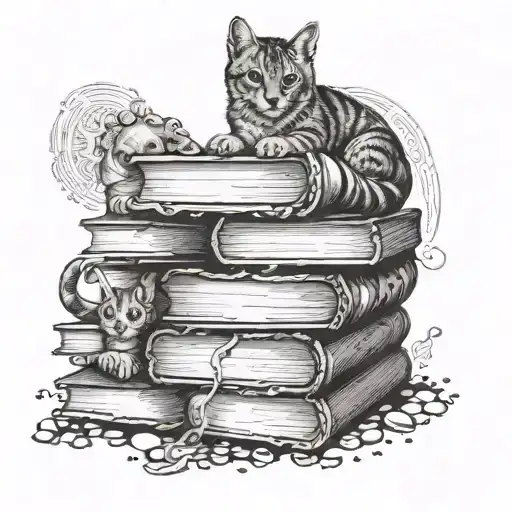 A stack of books with historical figures as the covers, surrounded by a border of paw prints tattoo design idea
