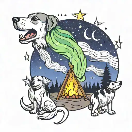 A whimsical scene of dogs howling at the aurora borealis around a campfire tattoo design idea