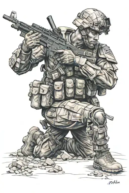 wounded warrior kneeling and while facing the world crumbling around him not willing to give up tattoo design idea