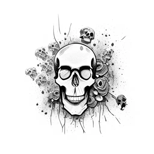 trash polka style, dripping skull, mp5 rifle, purple flowers, loyalty, paint splash, dripping, graffiti tattoo design idea